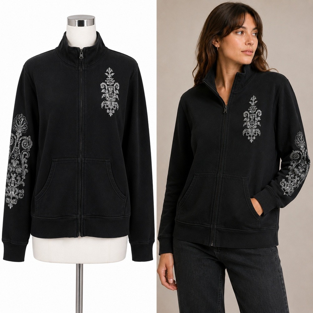 Cervelle Zip Up Sweatshirt Women Medium Black Silver Glitter Crest Made In USA